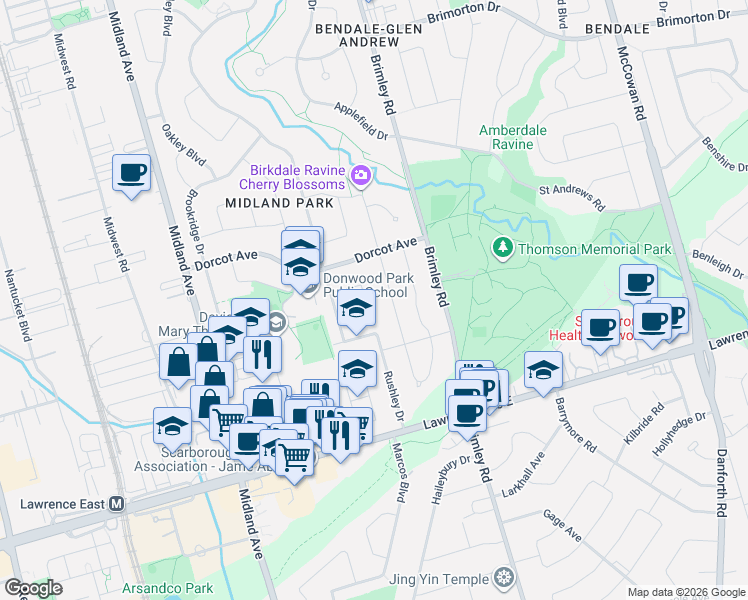 map of restaurants, bars, coffee shops, grocery stores, and more near 27 Medway Crescent in Toronto