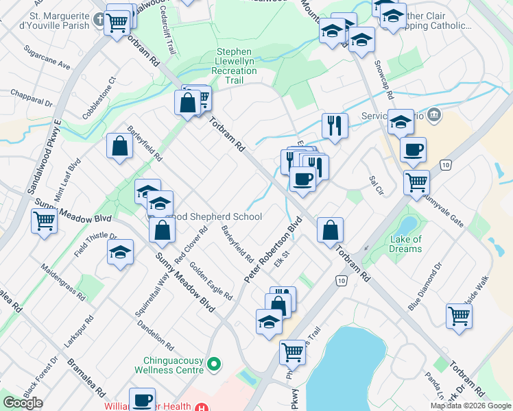 map of restaurants, bars, coffee shops, grocery stores, and more near 36 Prairie Rose Circle in Brampton