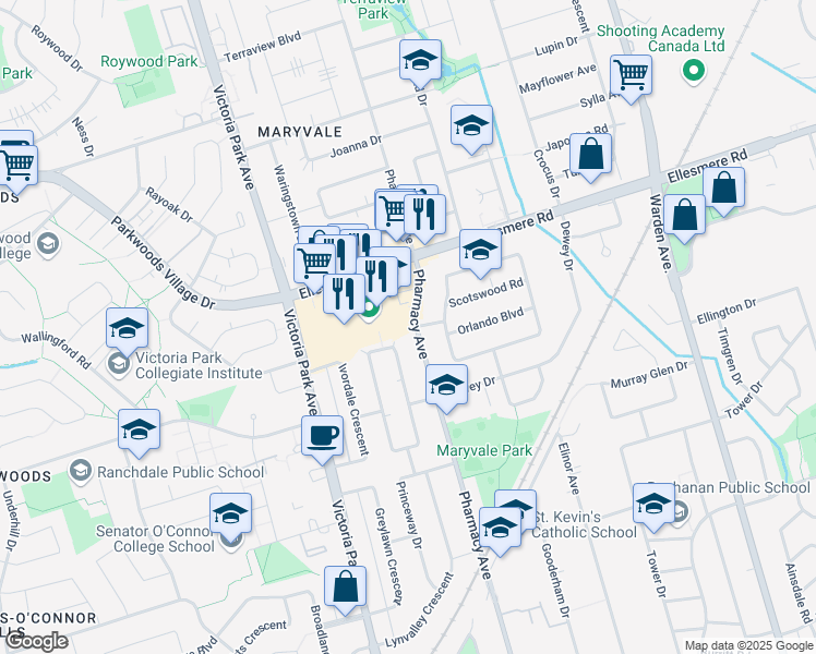 map of restaurants, bars, coffee shops, grocery stores, and more near 1366 Pharmacy Avenue in Toronto