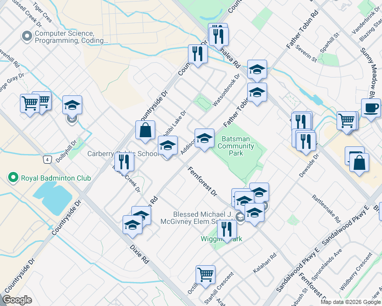map of restaurants, bars, coffee shops, grocery stores, and more near 525 Fernforest Drive in Brampton