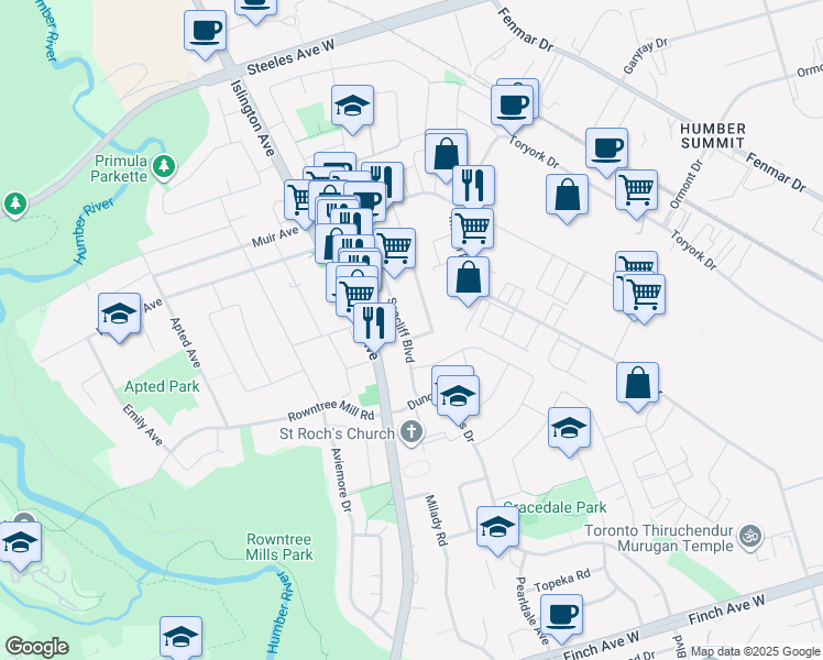 map of restaurants, bars, coffee shops, grocery stores, and more near 2 Elnathan Crescent in Toronto