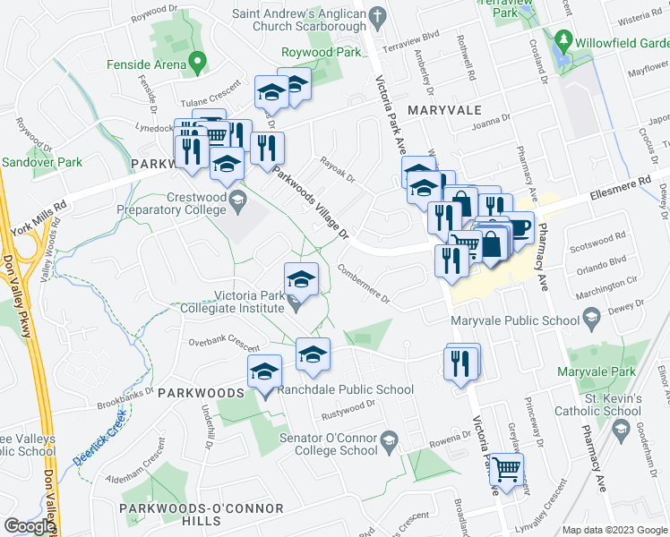 map of restaurants, bars, coffee shops, grocery stores, and more near 79 Combermere Drive in Toronto