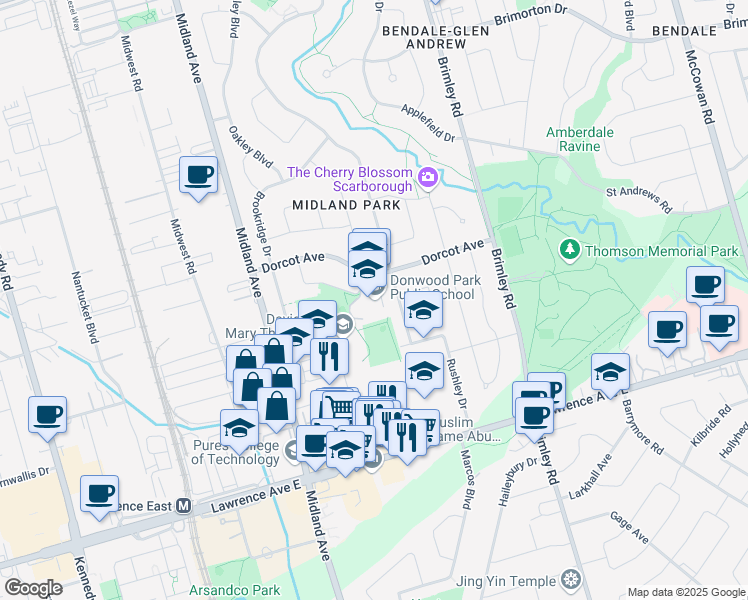 map of restaurants, bars, coffee shops, grocery stores, and more near 61 Dorcot Avenue in Toronto