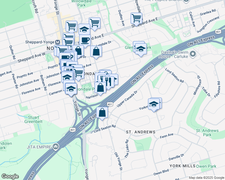 map of restaurants, bars, coffee shops, grocery stores, and more near 100 Harrison Garden Boulevard in Toronto