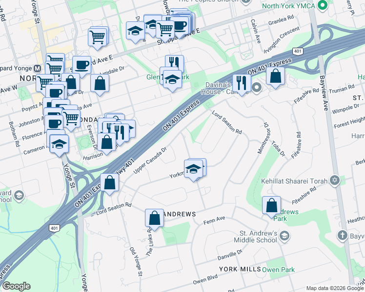 map of restaurants, bars, coffee shops, grocery stores, and more near 54 Fairmeadow Avenue in Toronto