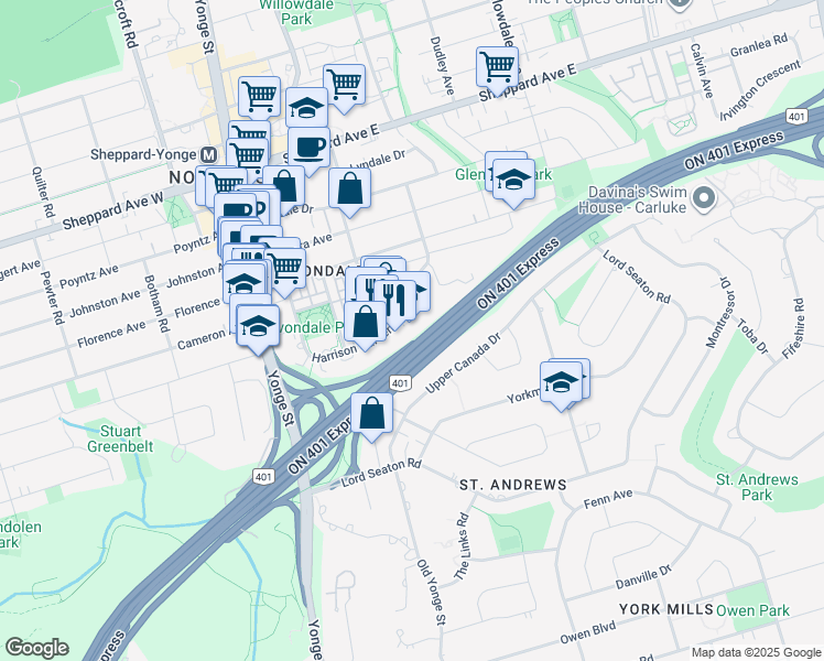 map of restaurants, bars, coffee shops, grocery stores, and more near in Toronto