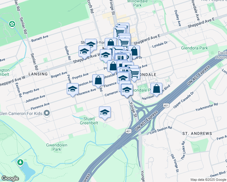 map of restaurants, bars, coffee shops, grocery stores, and more near 30 Franklin Avenue in Toronto