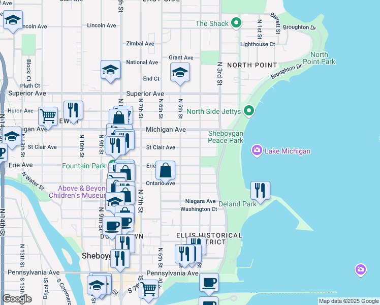 map of restaurants, bars, coffee shops, grocery stores, and more near 404 Erie Avenue in Sheboygan