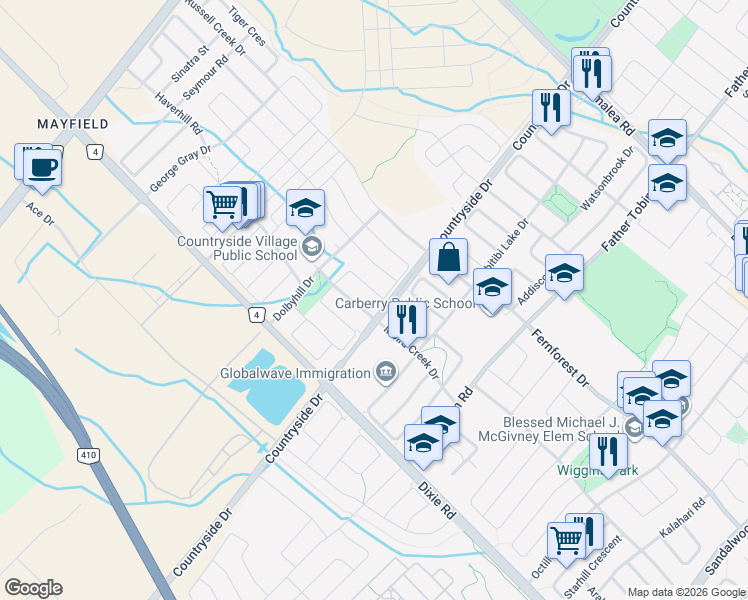 map of restaurants, bars, coffee shops, grocery stores, and more near 29 Villadowns Trail in Brampton