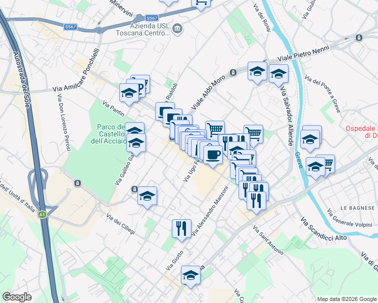 map of restaurants, bars, coffee shops, grocery stores, and more near 26 Via Grazia Deledda in Scandicci