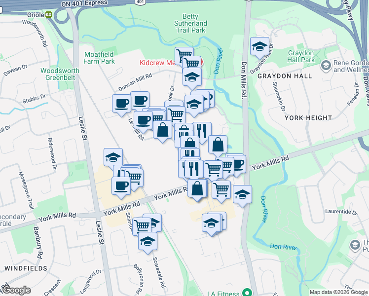 map of restaurants, bars, coffee shops, grocery stores, and more near 25 Lesmill Road in Toronto