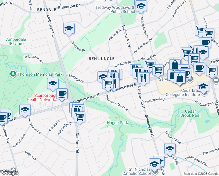 map of restaurants, bars, coffee shops, grocery stores, and more near 3238 Lawrence Avenue East in Toronto