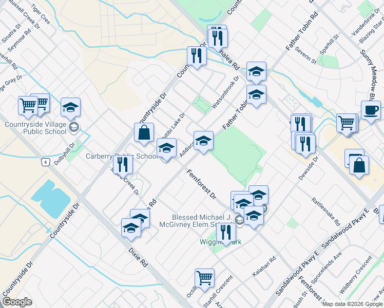 map of restaurants, bars, coffee shops, grocery stores, and more near 525 Fernforest Drive in Brampton