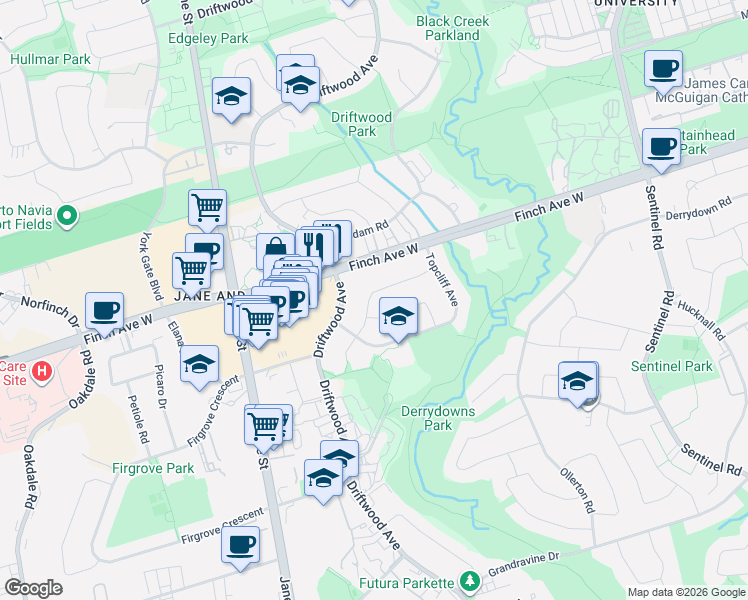 map of restaurants, bars, coffee shops, grocery stores, and more near 49 Yellowstone Street in Toronto