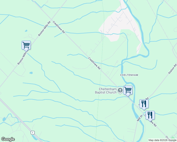 map of restaurants, bars, coffee shops, grocery stores, and more near 14700 Creditview Road in Cheltenham