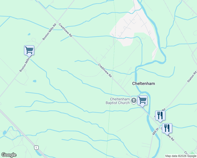 map of restaurants, bars, coffee shops, grocery stores, and more near 14656 Creditview Road in Cheltenham