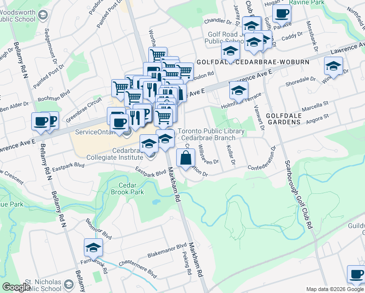 map of restaurants, bars, coffee shops, grocery stores, and more near 35 Confederation Drive in Toronto