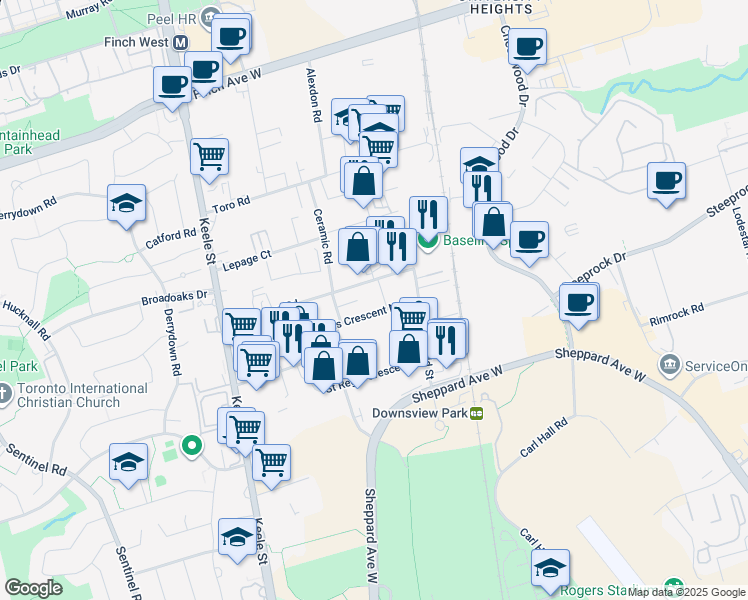 map of restaurants, bars, coffee shops, grocery stores, and more near in Toronto