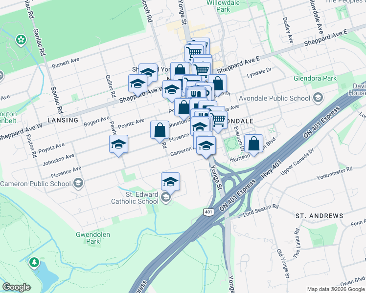 map of restaurants, bars, coffee shops, grocery stores, and more near 40 Cameron Avenue in Toronto