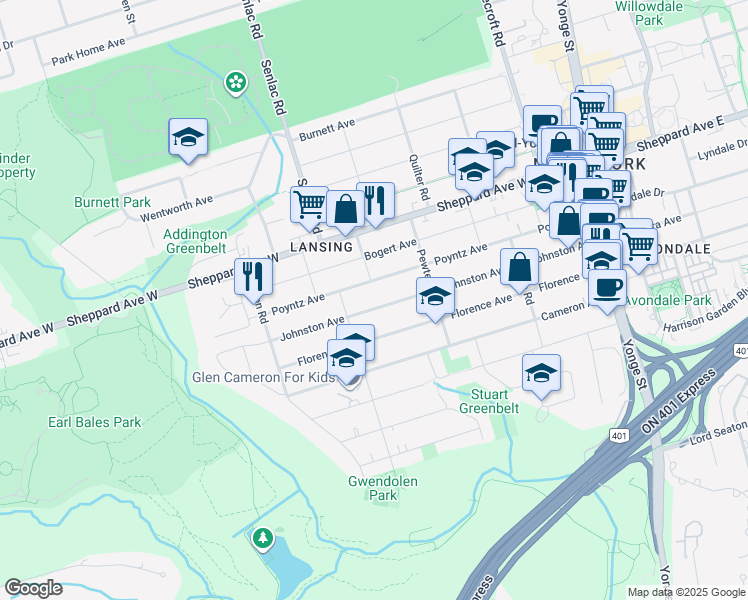 map of restaurants, bars, coffee shops, grocery stores, and more near 208 Johnston Avenue in Toronto