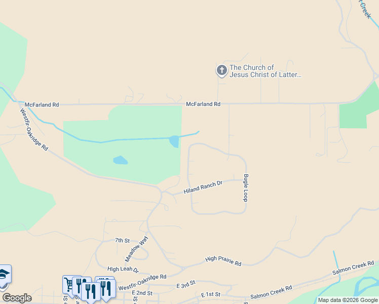 map of restaurants, bars, coffee shops, grocery stores, and more near Bugle Loop in Oakridge