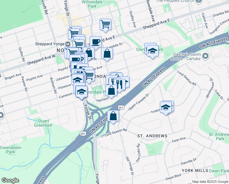 map of restaurants, bars, coffee shops, grocery stores, and more near 3 Everson Drive in Toronto