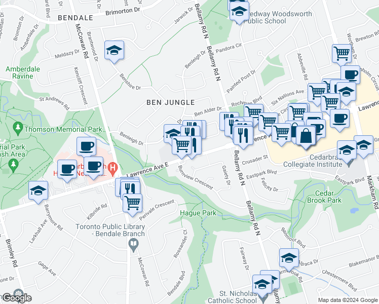 map of restaurants, bars, coffee shops, grocery stores, and more near 3242 Lawrence Avenue East in Toronto