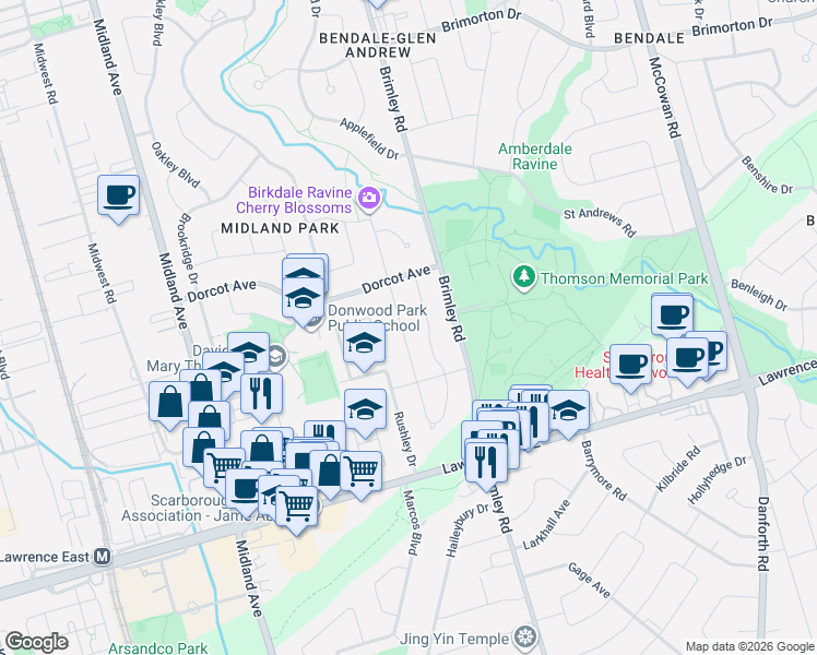 map of restaurants, bars, coffee shops, grocery stores, and more near 21 Lyon Heights Road in Toronto