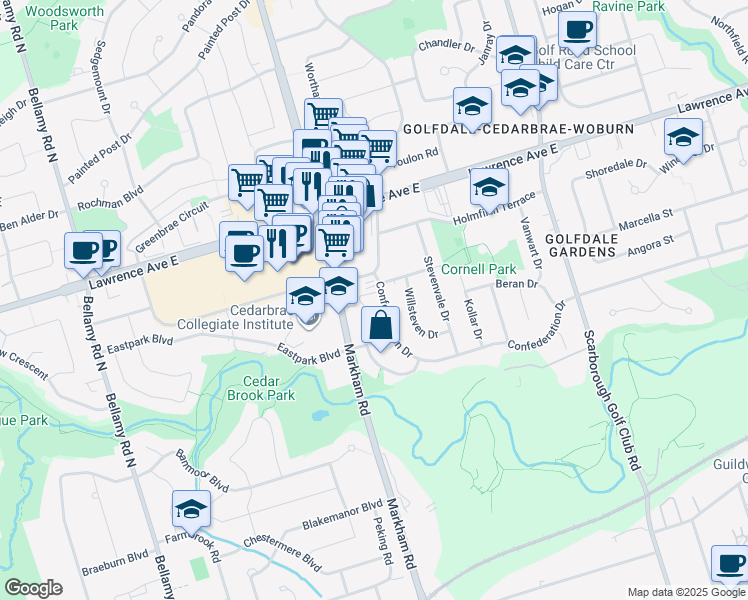 map of restaurants, bars, coffee shops, grocery stores, and more near in Toronto