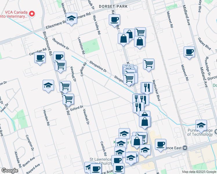 map of restaurants, bars, coffee shops, grocery stores, and more near in Toronto