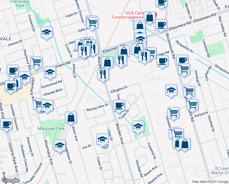 map of restaurants, bars, coffee shops, grocery stores, and more near in Toronto