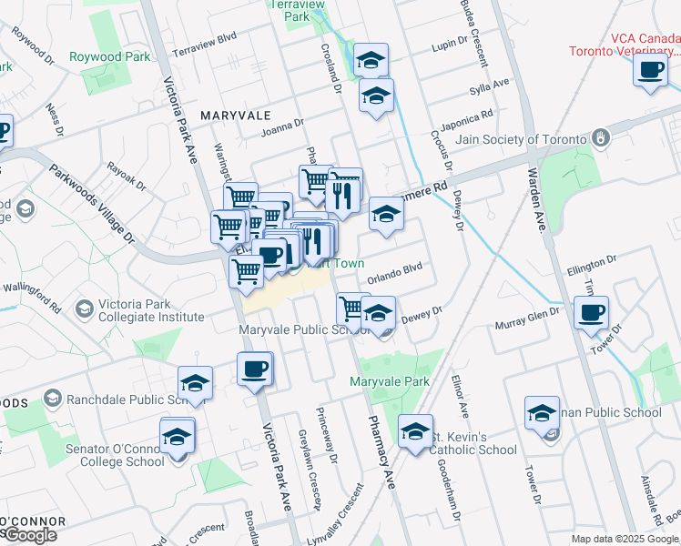 map of restaurants, bars, coffee shops, grocery stores, and more near in Toronto