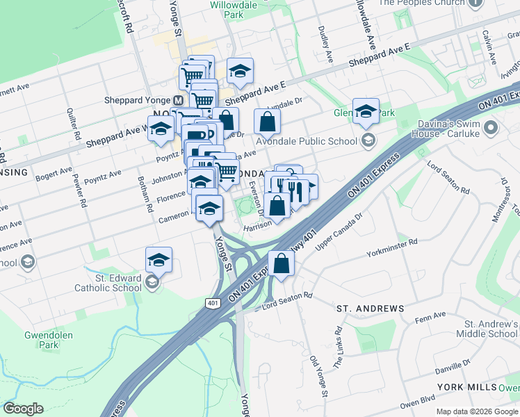 map of restaurants, bars, coffee shops, grocery stores, and more near 11 Everson Drive in Toronto