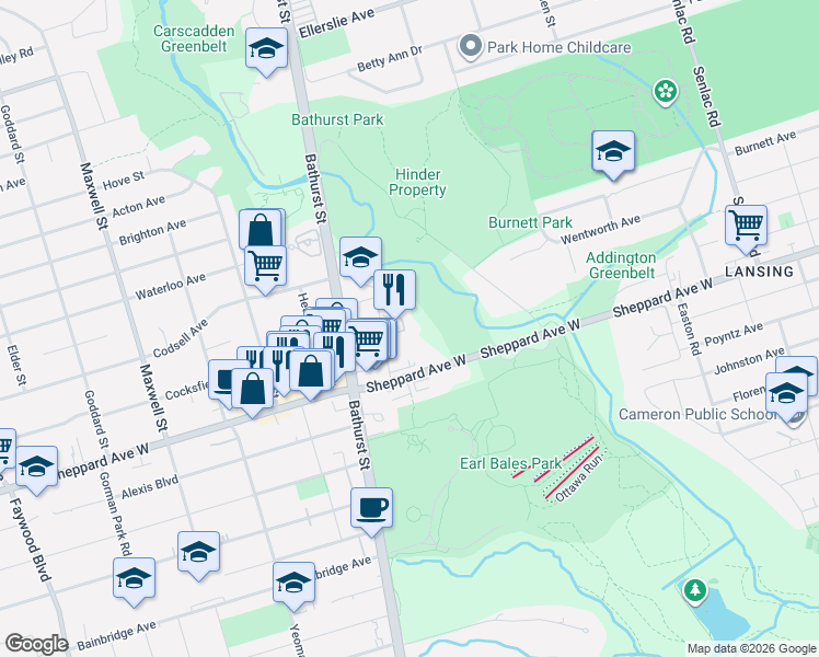 map of restaurants, bars, coffee shops, grocery stores, and more near 15 Canyon Avenue in Toronto
