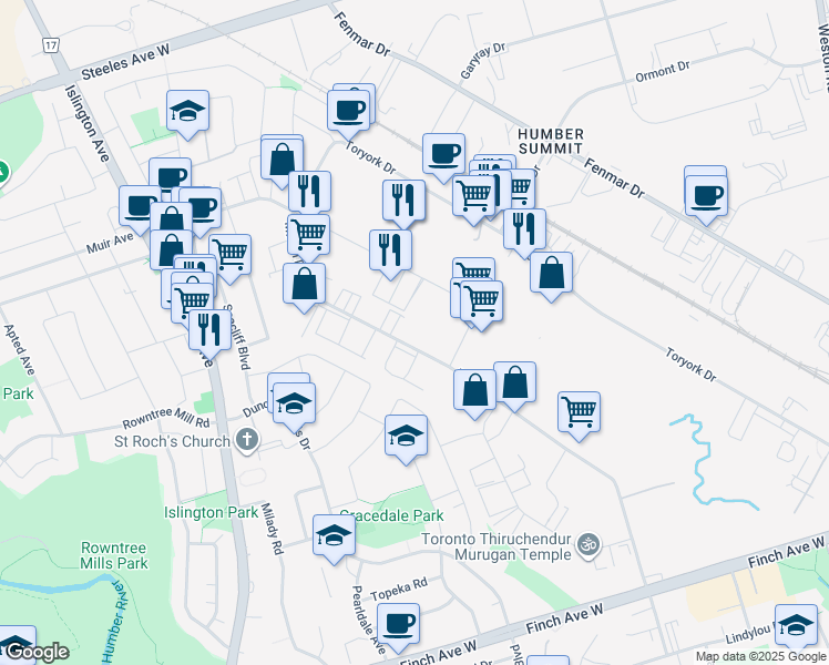 map of restaurants, bars, coffee shops, grocery stores, and more near 118 Milvan Drive in Toronto