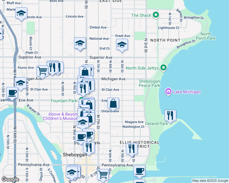 map of restaurants, bars, coffee shops, grocery stores, and more near 1105 North 6th Street in Sheboygan