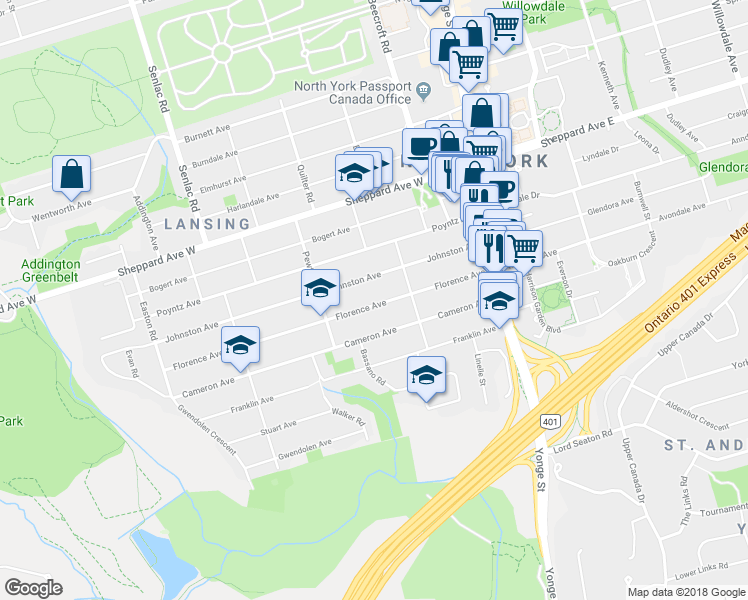 map of restaurants, bars, coffee shops, grocery stores, and more near 106 Florence Avenue in Toronto