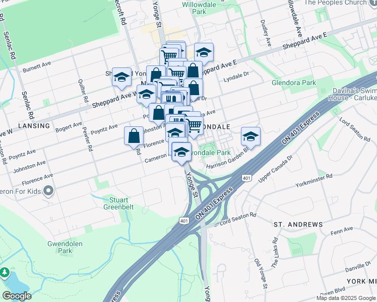 map of restaurants, bars, coffee shops, grocery stores, and more near 18 Harrison Garden Boulevard in Toronto