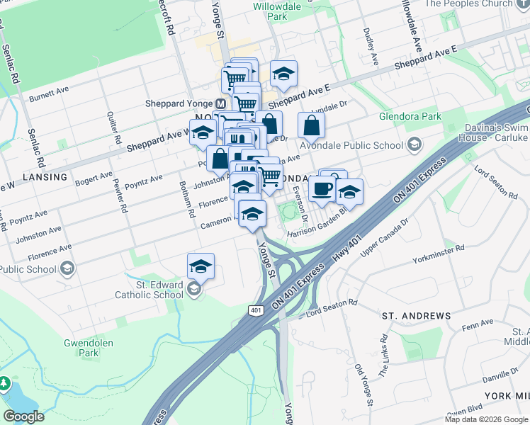map of restaurants, bars, coffee shops, grocery stores, and more near 18 Harrison Garden Boulevard in Toronto