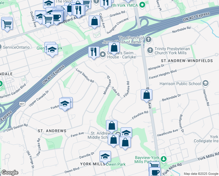 map of restaurants, bars, coffee shops, grocery stores, and more near 1 Toba Drive in Toronto