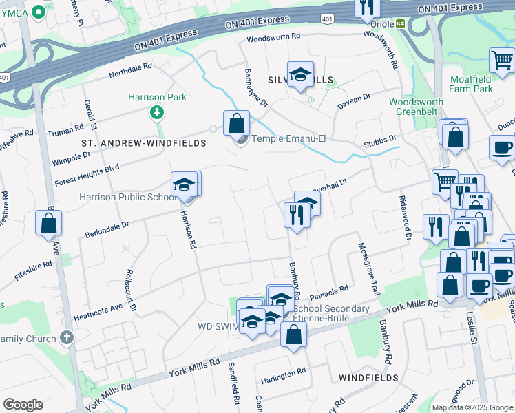 map of restaurants, bars, coffee shops, grocery stores, and more near 27 Junewood Crescent in Toronto