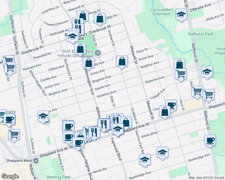 map of restaurants, bars, coffee shops, grocery stores, and more near 178 Waterloo Avenue in Toronto