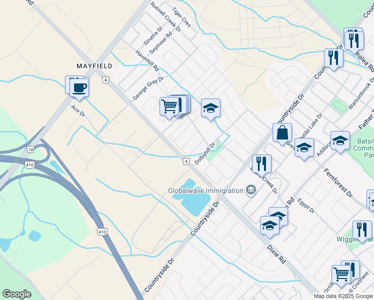 map of restaurants, bars, coffee shops, grocery stores, and more near 47 Ledger Point Crescent in Brampton