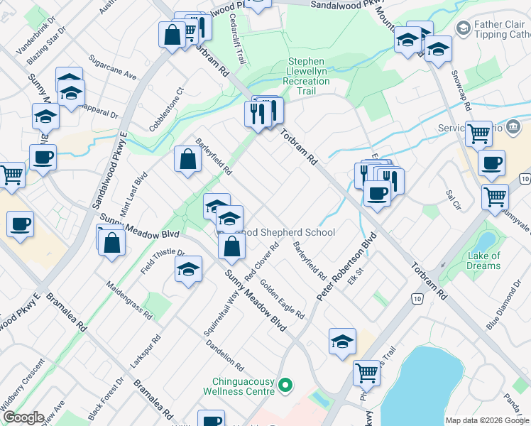 map of restaurants, bars, coffee shops, grocery stores, and more near in Brampton