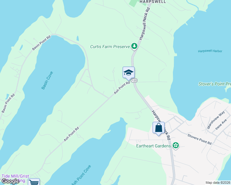 map of restaurants, bars, coffee shops, grocery stores, and more near 9 Ash Point Road in Harpswell
