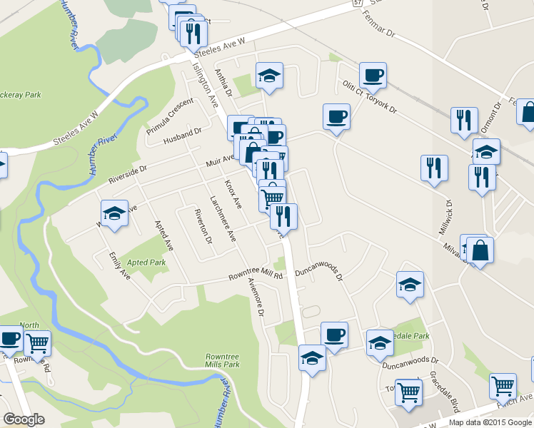 map of restaurants, bars, coffee shops, grocery stores, and more near 2965 Islington Avenue in Toronto