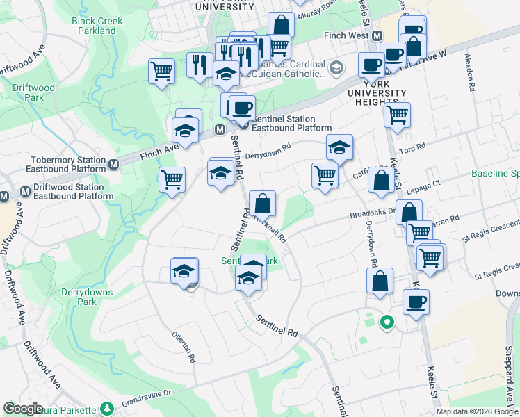 map of restaurants, bars, coffee shops, grocery stores, and more near 66 Killamarsh Drive in Toronto
