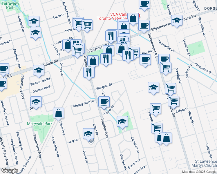 map of restaurants, bars, coffee shops, grocery stores, and more near 246 Ellington Drive in Toronto