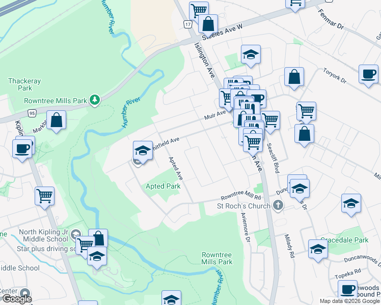 map of restaurants, bars, coffee shops, grocery stores, and more near 113 Dellbrook Crescent in Toronto