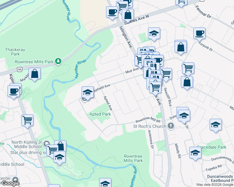 map of restaurants, bars, coffee shops, grocery stores, and more near 113 Dellbrook Crescent in Toronto